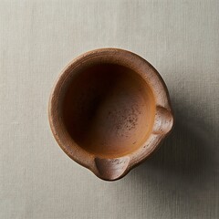 Rustic terracotta bowl on linen, offering a tactile and organic feel