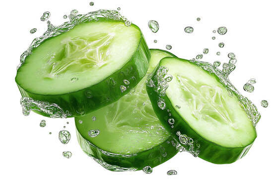 Fresh green cucumber slices with refreshing water splash, isolated on white, png