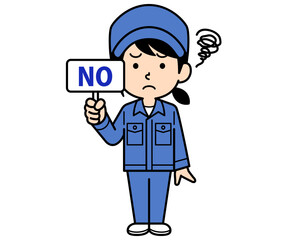 NOの札を持つシンプルな作業員の女性