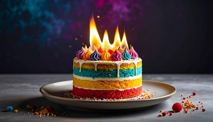 A layered, rainbow-colored dessert with lit candles atop, placed on a plate. Colorful sprinkles and a blurred background enhance the scene