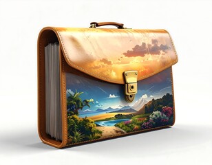 A leather briefcase featuring a stunning landscape scene on its front, with the colors of a sunrise and scenic terrain