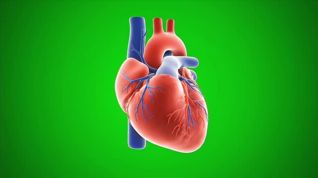 A detailed, anatomically correct illustration of a human heart with blue veins and arteries against a green background.