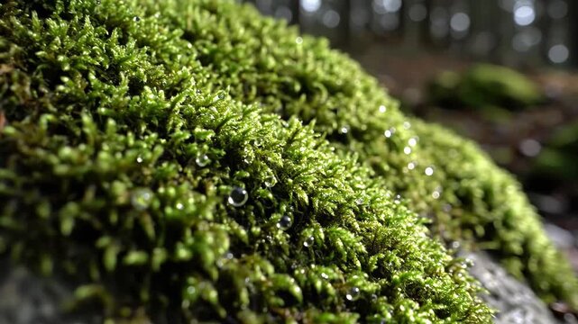 Close-up shot of vibrant green wet moss growing on a rock in a forest with sparkling raindrops in slow motion