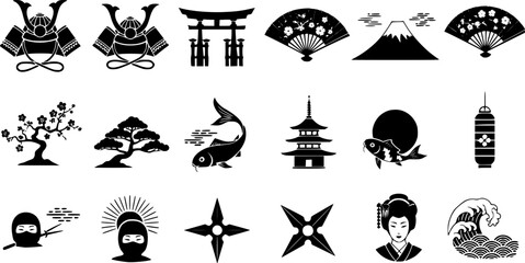 Fototapeta premium Japanese Style Silhouette Icons Pack. Japan and Chinese Black Silhouette Icon Collection with Traditional Elements. Cultural and Abstract Shapes Iconography