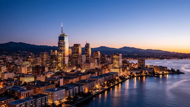 Cityscape at dusk over water reflecting skyline with mountain backdrop