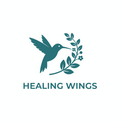 Hummingbird with floral branch icon for wellness spa or mental health therapy brand identity elegant organic logotype named Healing Wings.