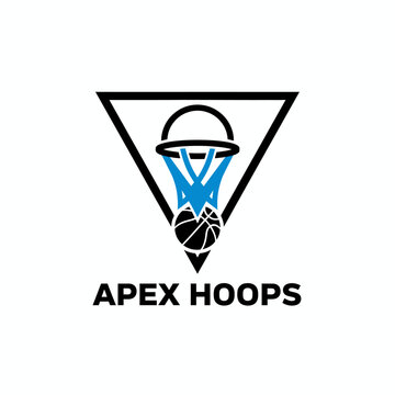 Basketball net and ball inside triangle icon for sports team or basketball academy brand identity professional logotype named Apex Hoops.