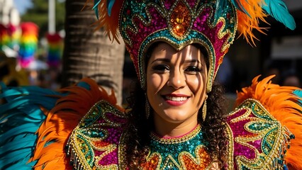 Fototapeta premium A vibrant woman in a colorful costume smiling at the camera outdoors. carnival