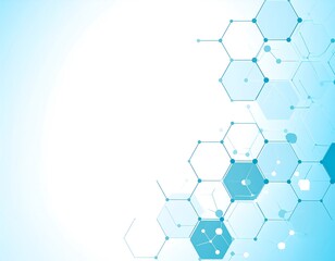 A light blue and white abstract background showcasing interconnected geometric shapes resembling molecular structures. These structures are composed of hexagons and connected by lines