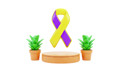 Yellow and Purple Awareness Ribbon on Podium with Potted Plants