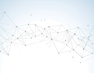 A light blue and white background depicts a network of interconnected points and lines, forming a complex web-like pattern