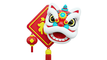 3D Render of a Chinese Lion Dance Head and Lantern