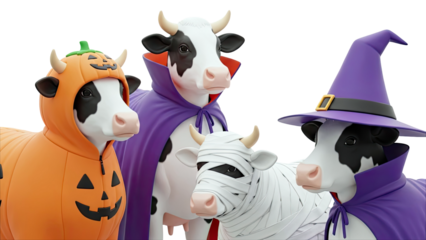 Four Cows in Halloween Costumes: Pumpkin, Vampire, Mummy, and Witch