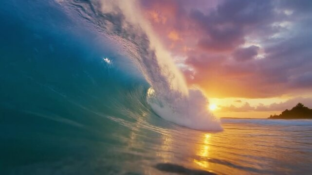Big sea wave curling at golden sunrise over calm ocean