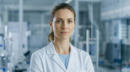 A confident female scientist in a laboratory environment, embodying innovation and scientific research