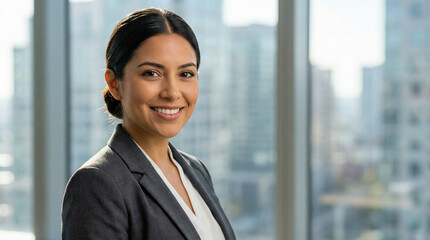 A portrait of a smiling businesswoman posing confidently in front of a window, looking at the camera.