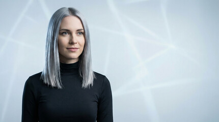 A portrait of a confident woman in a business setting, with a subtle background featuring geometric shapes. She's gazing off to the side, radiating confidence.