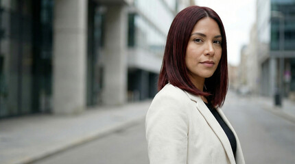 A confident woman in a city setting, with office buildings in the background. She stands out with a professional style and a determined gaze. 