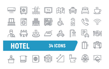 Hotel vector line icon set. Hospitality gym lobby service. Luxury hotel travel minimal outline icons