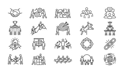 Teamwork line icon set. Business team work communication people support discussion. Cooperation community conversation.