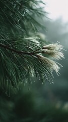 Close-up of fresh pine needles with dewdrops, capturing natural green beauty and aromatic inspiration perfect for fragrance, wellness, and nature-themed designs