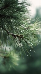 Close-up of pine needles with vibrant green hues and soft sunlight, perfect for commercial use in nature, fragrance, or wellness projects