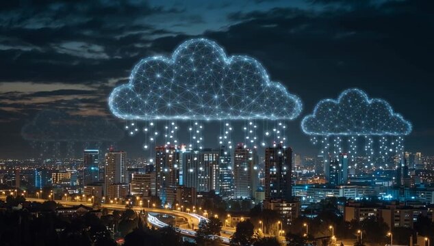 a cloud icon with data connections above the cityscape at night, symbolizing virtualized and co-generated advertising design concept Generative AI