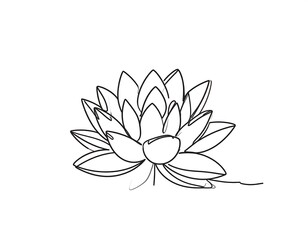 A line drawing of a lotus flower, its petals carefully outlined in black against a white background