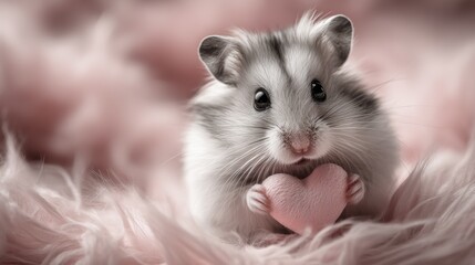 Cute hamster holding a pink heart in tiny paws on a soft pastel background for Valentine's Day