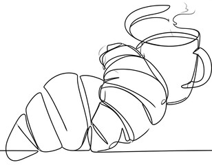 A line drawing of breakfast consisting of a croissant and a steaming mug. The style is minimalist and elegant