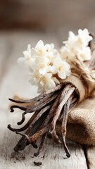 Elegant bundle of vanilla beans and flowers on rustic wood, perfect for gourmet, culinary, fragrance, and natural product commercial projects