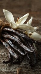 Close-up of vanilla beans and orchid flower on rustic wood, ideal for commercial use in gourmet, culinary, and fragrance branding projects
