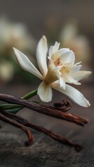 Elegant vanilla flower and pods on rustic wood, perfect for fragrance, culinary, and wellness concepts with strong commercial appeal