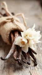 Elegant vanilla pods and delicate flowers on rustic wood, perfect for gourmet, fragrance, and culinary commercial projects seeking natural luxury appeal
