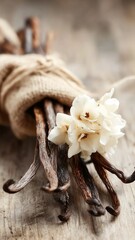 Elegant vanilla pods and flower on rustic background, perfect for gourmet, culinary, fragrance, and commercial design projects
