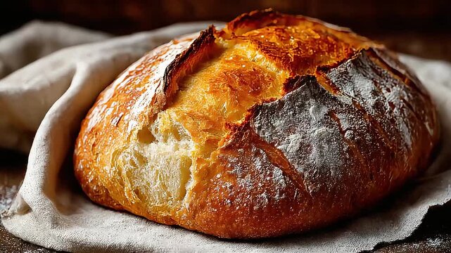 A fresh loaf of bread wrapped in a white napkin, perfect for a sandwich or toast.