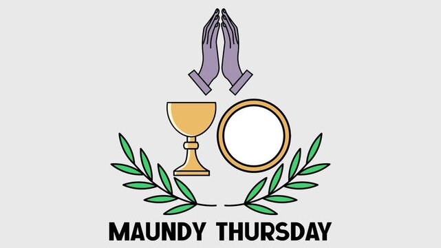 Animated Maundy Thursday Illustration with Praying Hands Chalice Bread and Olive Branch	