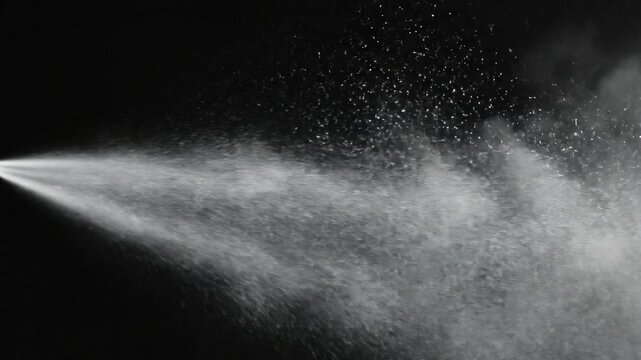 Dynamic spray of white powder across black backdrop captured in high‑contrast photographic view from side angle