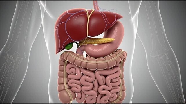 Detailed illustration of human digestive system anatomy from a frontal viewpoint