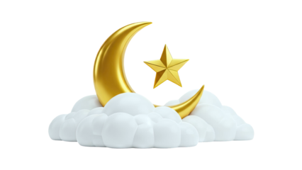 Golden Crescent Moon and Star on White Clouds
