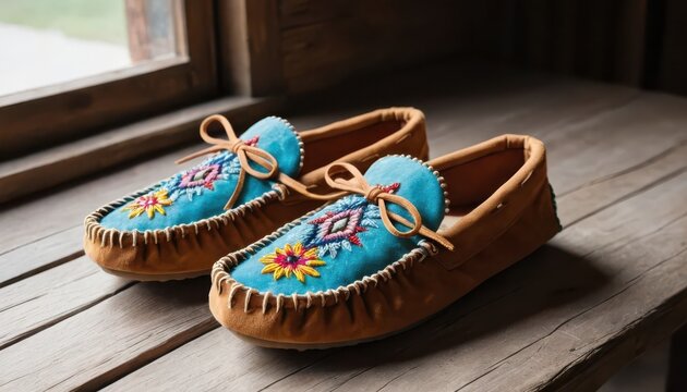 Native American moccasins rest on a wooden surface by a window, traditional design, close-up, handmade craft, cultural artifact, heritage, warm light