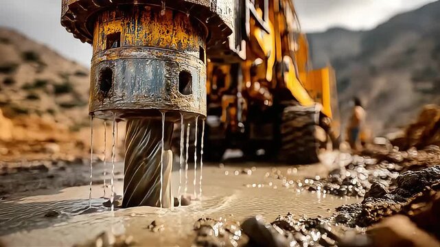 A heavy machinery rig drills an artesian well at midday, displacing muddy soil and water, with visible excavation.