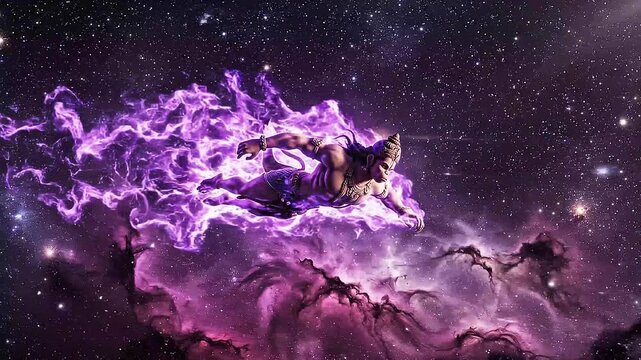 Hanuman Flying Through Cosmic Nebula Digital Art