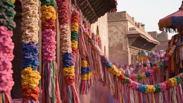 Vibrant hanging floral garlands and colorful fabric decorations at indian holi festival celebration in city street