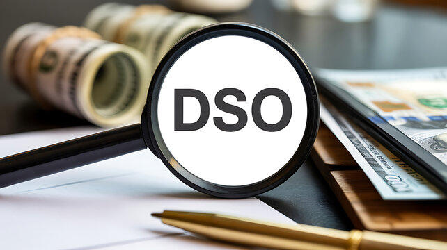 Magnifying glass with DSO on financial documents and money