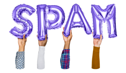 Spam word png, hands holding balloon typography, transparent background