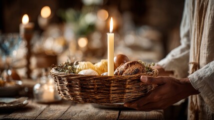 Hands hold Orthodox Easter basket with candle, showcasing traditional food and warm light during festive celebration