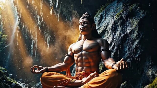 Powerful Hanuman Deep Meditation in a Jungle Cave Waterfall Light
