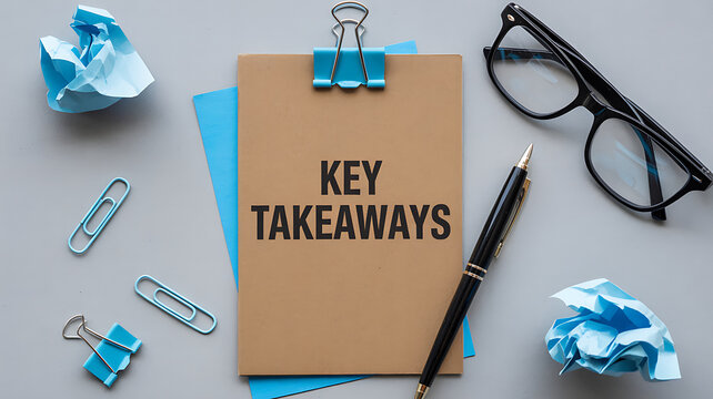 Office workspace with clipboard and key takeaways note
