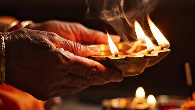Senior hands hold brass diya during Hindu ritual